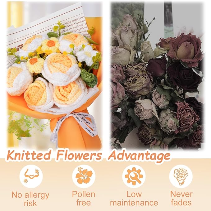 CHUNY Handmade Crochet Flower Bouquet, Knitted Flowers Rose for Lover, Family, Friends, Yarn Bouquet As a Everlasting Gift for Fathers Day, Wedding, Birthday, Anniversary, Graduation