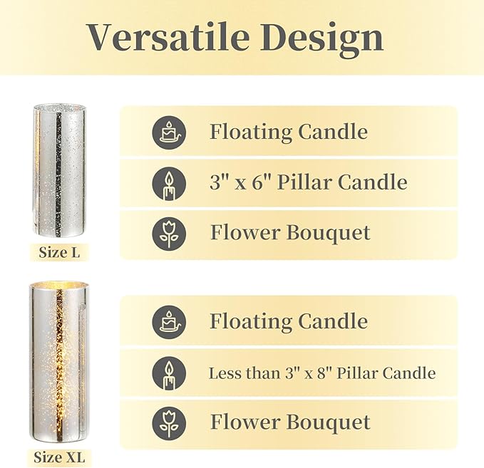 Glass Cylinder Vases Set of 12, Hewory Glittery Silver Vase for Centerpieces, Glass Hurricane Candle Holders for Pillar Floating Candle, Round Tall Vase for Wedding Anniversary Events Home Table Decor