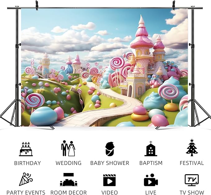7x5ft Candyland Backdrop Fantasy Candy Castle Photography Background Sweet Lollipop Dream Blue Sky White Cloud Kids Birthday Banner Decorations Baby Shower Newborn Portrait Photo Booth Prop