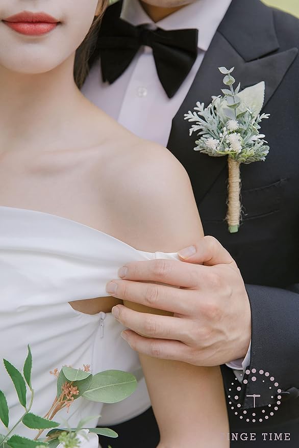 TINGE TIME Boutonniere for Men Wedding,Artificial Greenery Boutineers for Wedding Ceremony Anniversary, Formal Dinner Party and Rustic Spring Wedding Marriage (10, Fresh Green)