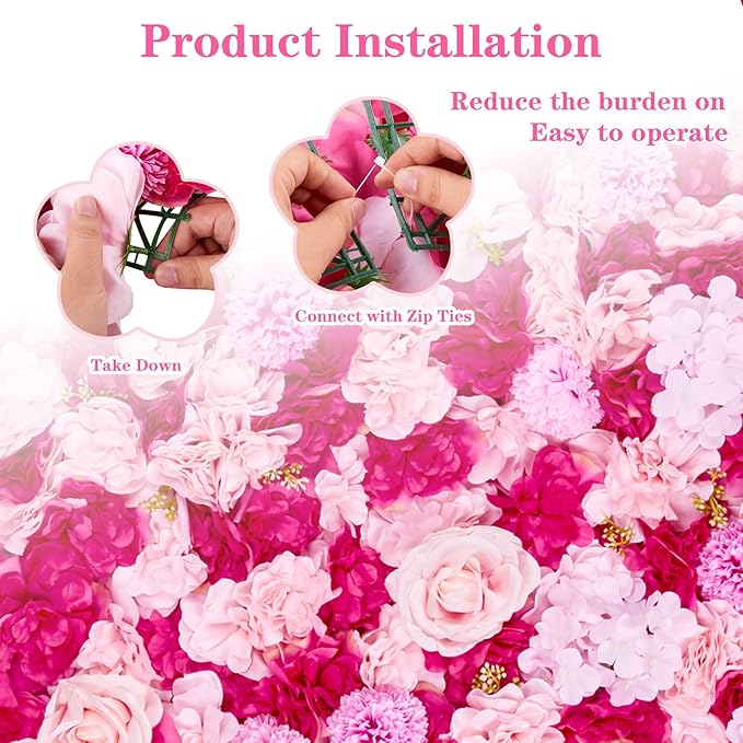 Wedding Backdrop Flower Wall Panels: 24 Packs 15x15 Inches Hot Pink Background - Bridal Shower Party Anniversary Ceremony Decor