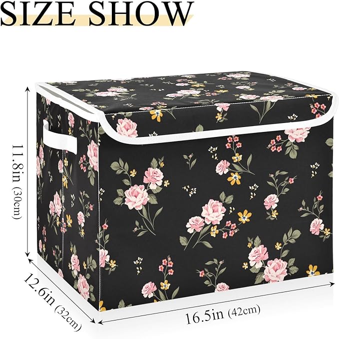 Flower Baskets Collapsible Storage Bins with Lids, Purple Green Rose Flower Storage Boxes Clothes Baskets for Organizing