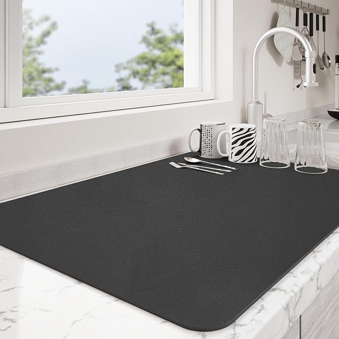 Dish Drying Mat for Kitchen Counter | Coffee Bar Mat for Countertops | Heat Resistant Drainer Mat with Non-slip Rubber Backed | Hide Stain Kitchen Absorbent Draining Mat | Black 16"x18"