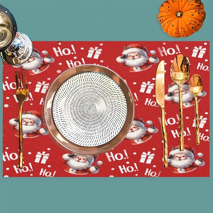Christmas Xmas Ho Santa Claus Placemats Set of 6 PVC Vinyl Non Slip Table Mats Heat Resistant Place Mats Washable Wipeable Dining Table Mat for Kitchen Decor Party Indoor Outdoor Decorative Gift