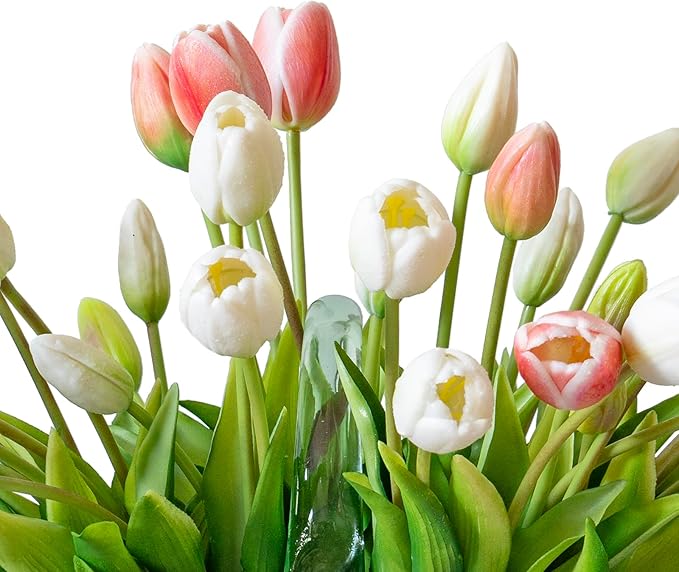 40pcs Artificial Tulips Flowers, Real Touch Latex Bouquet, Fake Tulips for Office Wedding Party Home Kitchen Garden Decoration-B Coral Pink Suit
