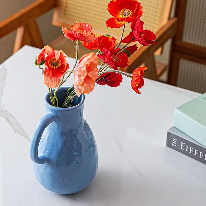 Blue Ceramic Vase with Handle, Pitcher Vases for Modern Farmhouse Home Decor, Small Pottery Flower Jug for Living Room Bedroom Kitchen Office Shelf Decor Centerpiece Table Decoration