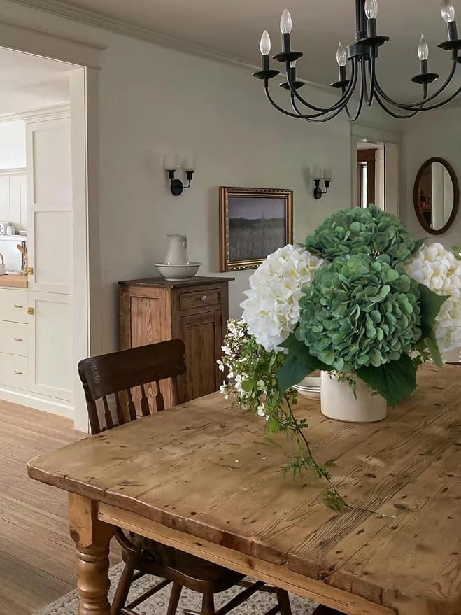 YalzoneMet 4Pcs Dark Green Silk Hydrangea Artificial Flower Big Blooms 20'' Long Stem Vintage Faux Hydrangea Flower Bouquets for Home Party Indoor Outdoor Boho Table Centerpiece Decor