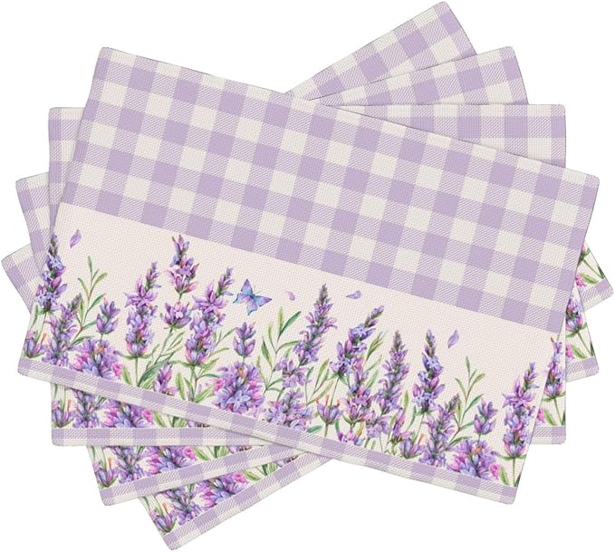 Flowers Leaves Spring Placemats Set of 4,Purple Plaid Background Flower Seasonal Table Mats for Party Kitchen Dining Decoration 4 PCS