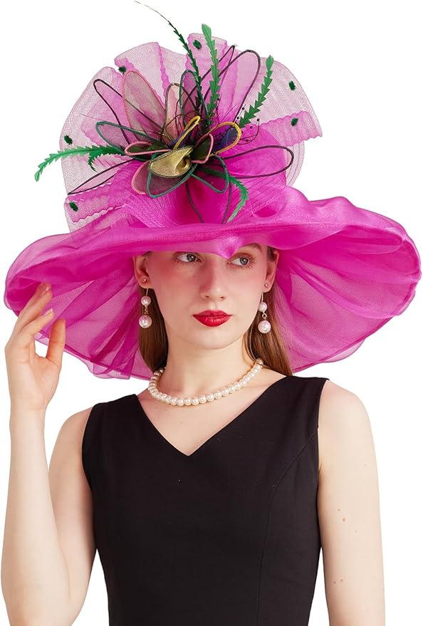 Organza Derby Hats for Women Wide Brim Fascinator Hat Rose Flower Wedding Tea Party Hat