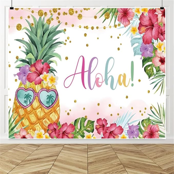 Summer Aloha Luau Party Backdrop 10x8ft, Hawaiian Palm Leaves Floral Pineapple Banner Happy Birthday Photo Photography Supplies