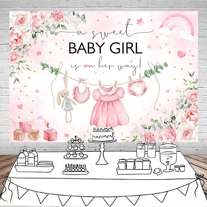 Mocsicka Sweet Baby Girl Baby Shower Backdrop Princess Pink Greenery Party Decoration for Girl's Arrival Photo Booth (Pink, 5x3ft)