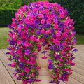 4PCS Artificial Hanging Flowers for Outdoor Decor UV Resistant Fake Morning Glory Realistic Silk Spring Summer Hanging Plants for Porch Patio Balcony Yard (Double Purple)