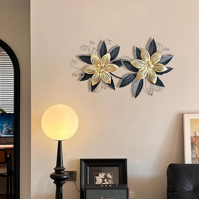LIFFY Black Gold Metal Flowers Wall Decor,15" 3D Multi-layer Modern Floral Art, Rustic Distressed Hanging Decor for Indoor, Bedroom Living Room Garden Patio, Home Decoration Accent