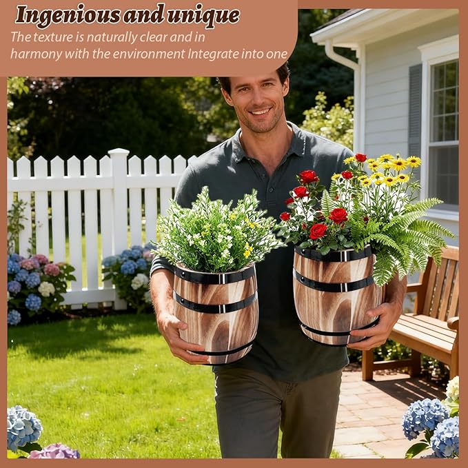 Sunmuliiiy2Pcs Wood Wine Barrel Vase 8" x 6.5" Rustic Wooden Flower Vase Rustic Barrel Barrel Planter for Wedding Reception Table Decoration Home Indoor Outdoor Garden, Kitchen, Party Table Decoration