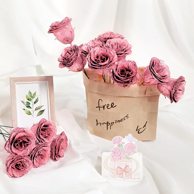 Glitter Roses Bouquet, Shiny Artificial Roses Flowers with Stems DIY Fake Glitter Flowers Bouquet for Valentine's Day, Mother's Day, Anniversary, Graduation, Birthday, Wedding, 24 Roses (Rose Gold)