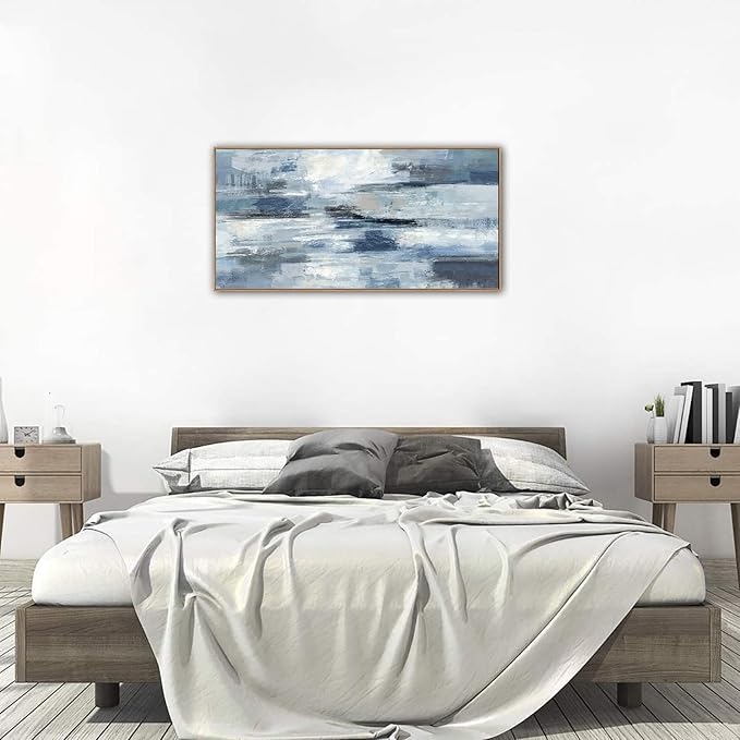 Indigo Framed Wall Art Abstract Ocean Canvas Pictures Blue White Grey Painting Vintage Wall Decor Modern Artwork Prints for Living Room Bedroom Bathroom Office Home Decoration 20"x 40"