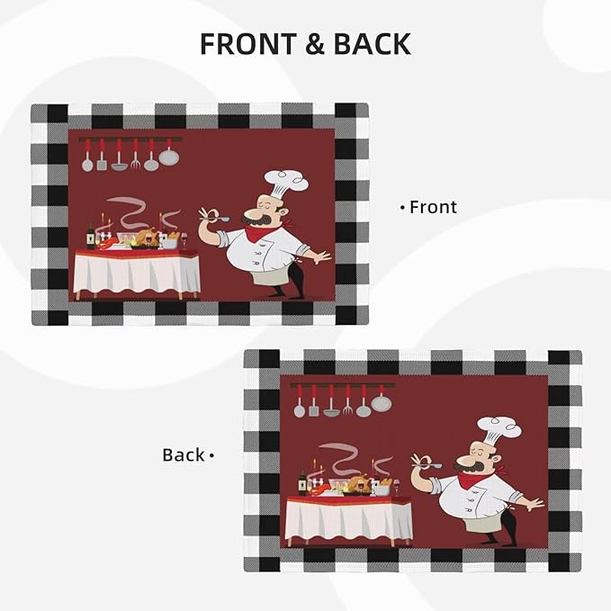 Chef Kitchen Linen Placemats Set of 6 Black White Buffalo Plaid Cooking Theme Placemats for Indoor Outdoor Party Home Desktop Dining Room Decor 12x18 Inch