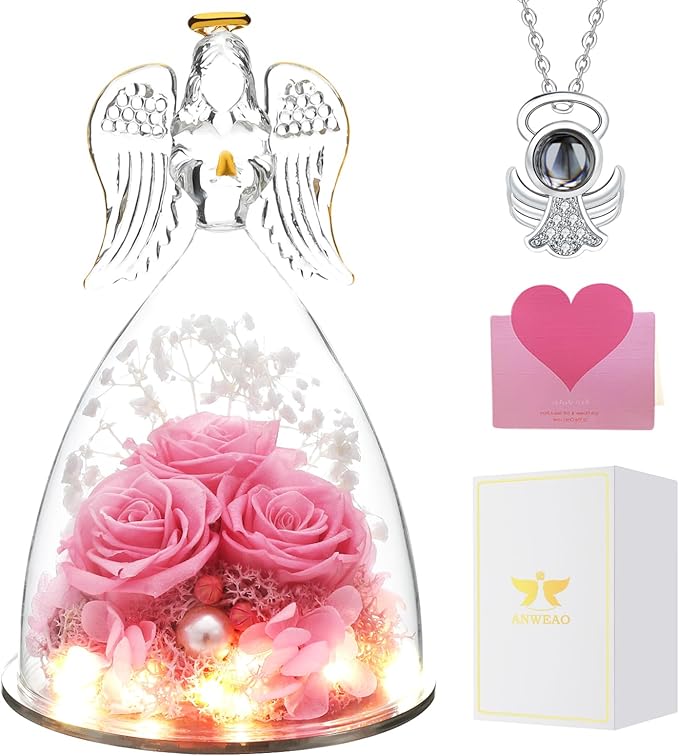 ANWEAO Mothers Day Flowers Gifts for Mom,Angel Gifts for Women,Birthday Gifts for Women,Preserved Real Rose in Glass Angel Figurines,Preserved Flower Gift for Grandma Mom Wife Girlfriend