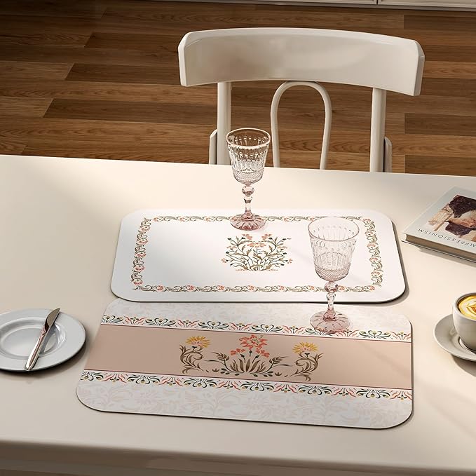 ISAENNE French Country Floral PVC Placemats Set of 6,Rectangular Minimalist Placemat, Waterproof and Heat-Resistant Place Mats, Decoration for Kitchen,Dining, Parties, Holiday,12"*17"