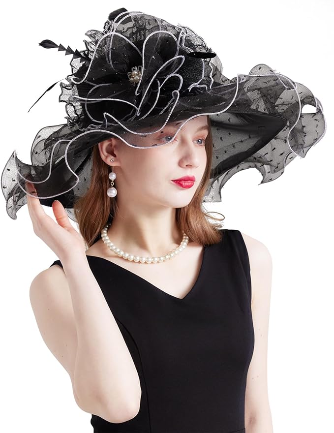 Organza Derby Hats for Women Wide Brim Fascinator Hat Rose Flower Wedding Tea Party Hat