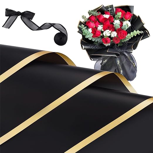 Jutieuo 20 Sheets Black Flower Wrapping Paper, Waterproof Floral Wrap Gold Edge Bouquet Wrapping Paper Florist Supplies (22.8 x 22.8 inch)