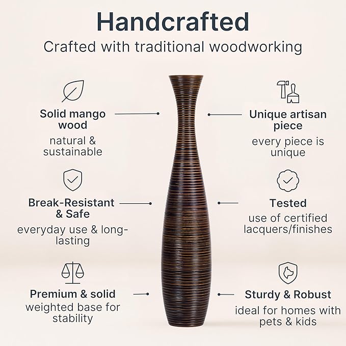 Leewadee Large Brown Home Decor Floor Vase - Wooden 26 inch Tall Farmhouse Decor Flower Holder for Fake Plant and Pampas Grass