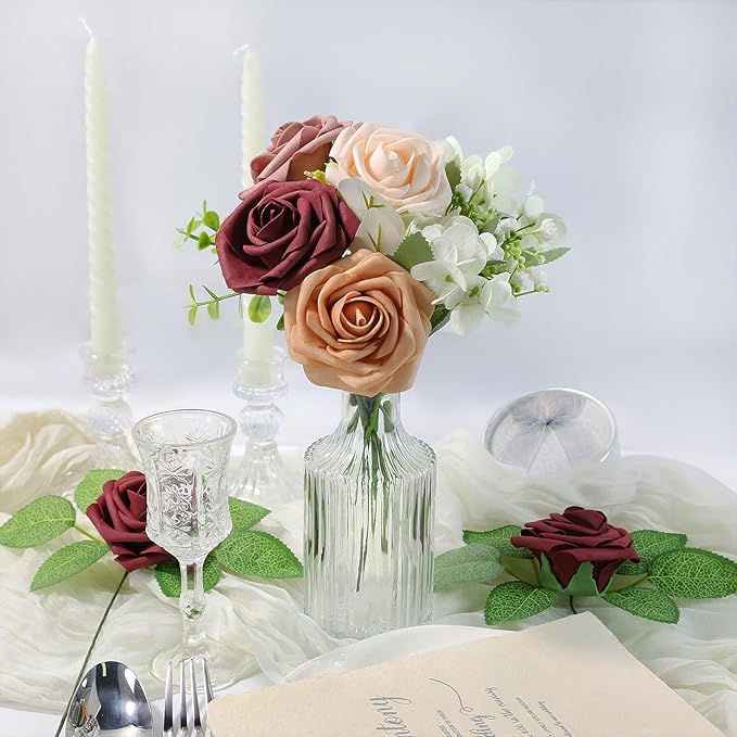 Meldel Artificial Flower 25pcs Real Touch Burgundy Rose Fake Foam Roses with Stems for DIY Wedding Bouquets Gifts Bridal Shower Faux Floral Centerpieces Arrangements Home Party Tables Decorations