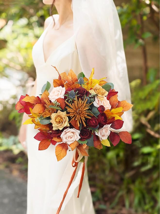 Rinlong 16" Wide Fall Wedding Bouquets for Bride Burnt Orange Bridal Bouquet for Wedding Artificial Terracotta Bouquets Boho Flowers
