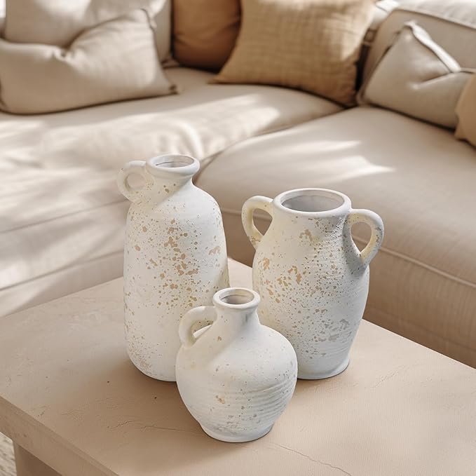 Sunddo White Ceramic Vase with Handles, Rustic Farmhouse Terracotta Small Vase, Pottery Decorative Flower for Home Decor, Table, Living Room, Bathroom, Shelf, Mantel Decor