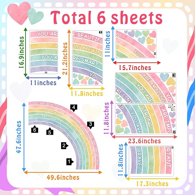 Large Rainbow Wall Sticker Watercolors Inspirational Wall Decal Baby Girls Bedroom Walls Decor Half Rainbow Decals Peel and Stick Pastel Pink Vinyl Art Mural Sticker for Toddler Playroom Kids Nursery