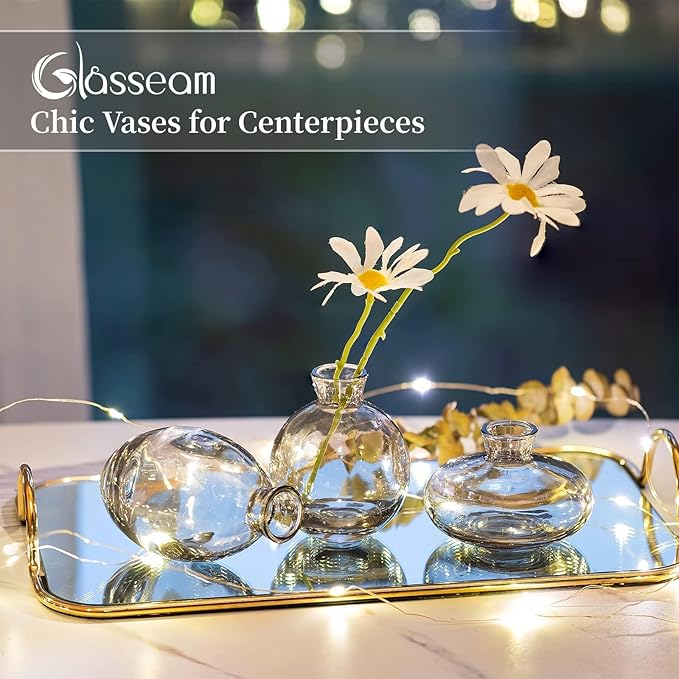 Glass Bud Vase for Centerpieces, 12Pcs/4Sets Glasseam Modern Gray Mini Small Vases for Flowers Bulk Flower Vase Set Aesthetic Cute Handmade Tiny Short Wedding Table Centerpiece Decor