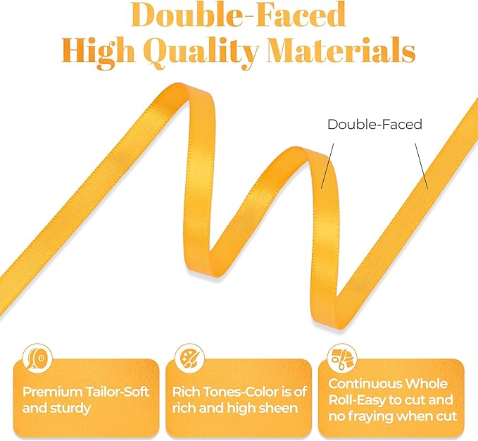 Double Faced Yellow Gold Satin Ribbon, 1/4 Inch X 25 Yards Polyester Ribbon for Gift Package Wrapping, Crafts, Bow Making, Sewing, Flower Bouquet, Wedding Party Decor