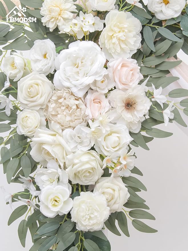 Faux Flowers Arch Flowers with Drapes (Set of 4) Wedding Decor and Wedding Arch Draping Artificial Flower Arrangements Decorations for Reception (White)