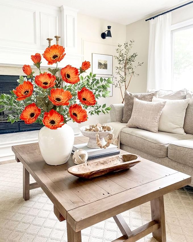 28.3" Orange Artificial Flowers Poppy Flowers 3Pcs Silk Fake Poppy Flowers Real Touch Faux Poppies Spring Flower Long Stem Arrangement with 4 Heads for Party Centerpiece Bouquet Table Home Decoration