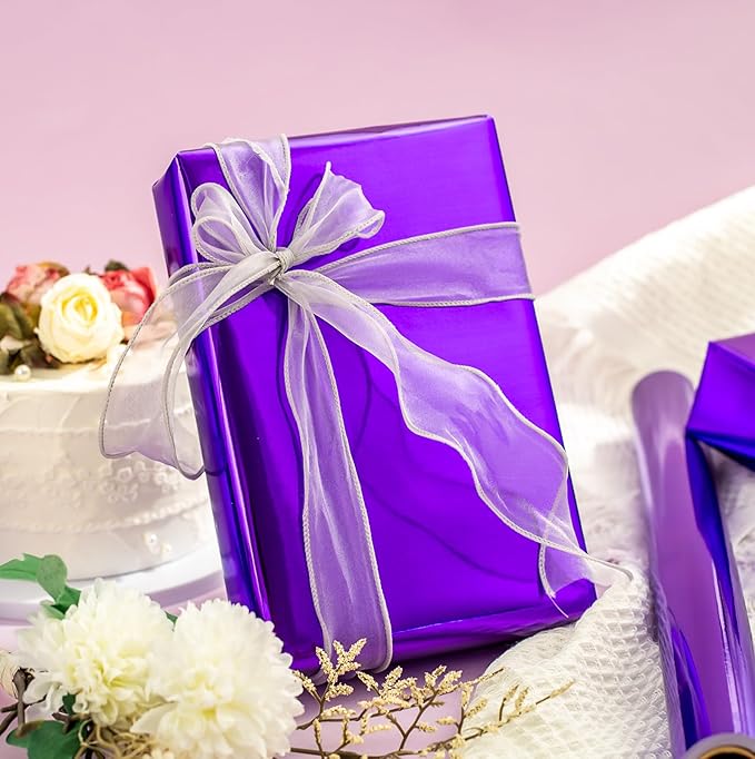 Merture Purple Wrapping Paper Roll - 17 In X 32.8 Ft(46.5 sq.ft.) Metallic Solid Color Purple Gift Wrap with Cutting Lines for Birthday, Valentines Day, Halloween, Mothers Day, Baby Shower, Graduation