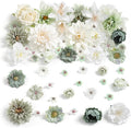Artificial Flowers Heads Combo White Green Flowers Mix Silk Flowers Dahlia Roses for Graduation Cap DIY Cake Wedding Party Floral Arrangement Table Centerpieces Home Decorations
