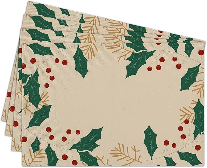 Beige Christmas Placemats Set of 4, Berries Dining Mat Cotton Linen Waterproof Table Mats Decor Fabric for Christmas Holiday Kitchen Dinner Table, Washable Wipeable Placemat -N039