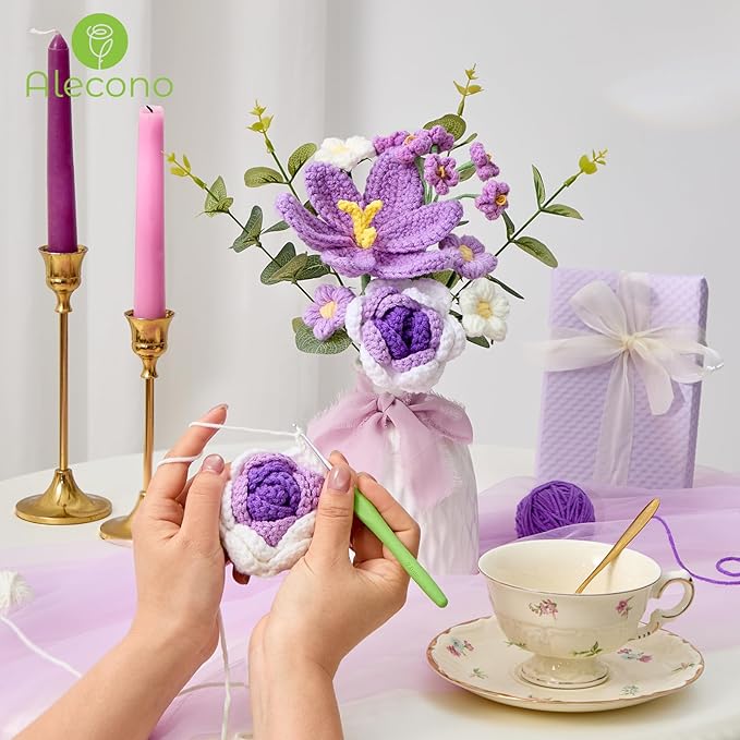 Alecono Crochet Flower Bouquet, Knitted Flowers, Purple Handmade Bouquet of Flowers for Lover Anniversary Birthday Party Mother's Day Graduation Gifts (Include Card)