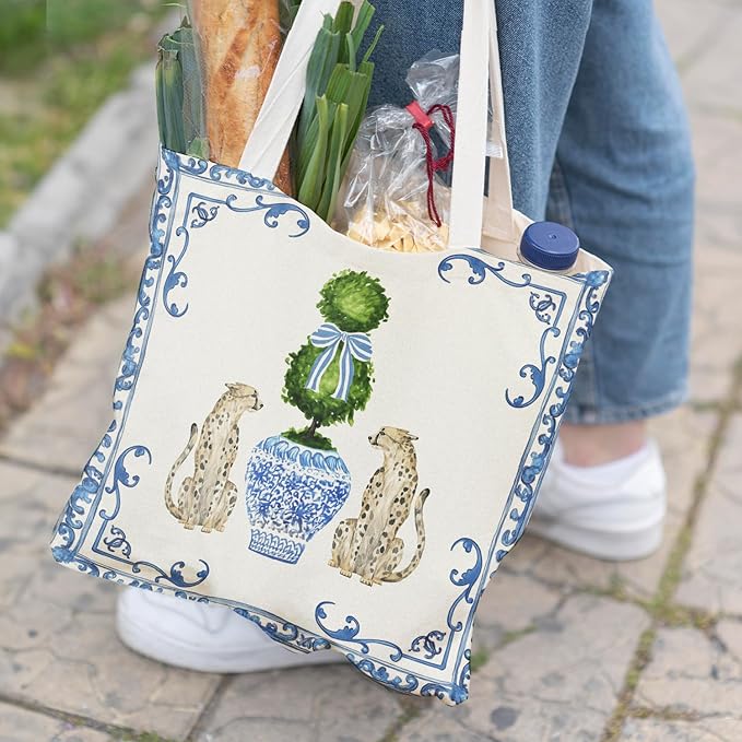 Blue and White Chinoiserie Prints Canvas Tote Bag for Women, Reusable Folding Shopping Bags with Handles