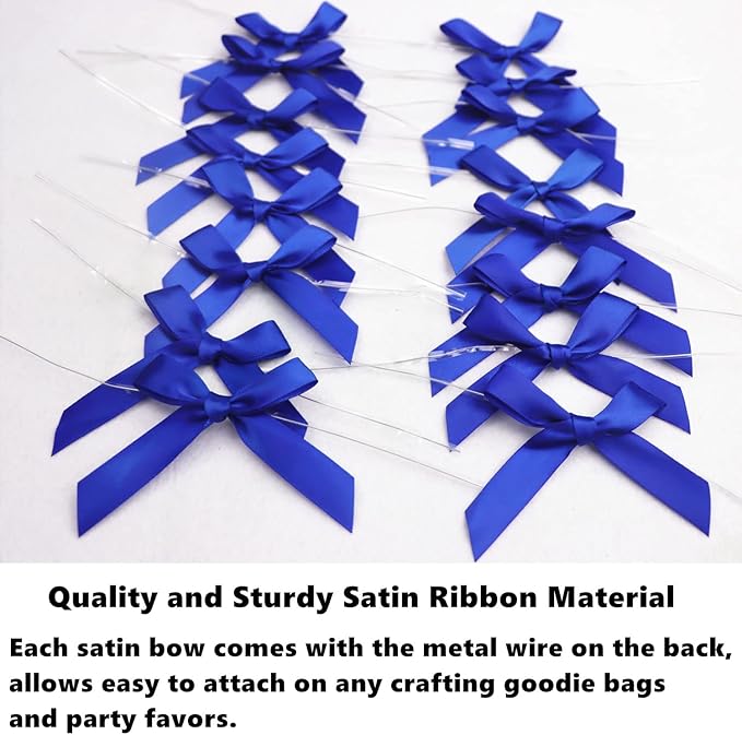 50 PCS 3 Inch Twist Bows for Treat Bags, Satin Twist Tie Bows, Pre Tied Bows with Wire, Ribbon Bows with Twist Ties for Gift Bags, Popcorn Bags, Cookie Bags, Party Favors(Royal Blue)