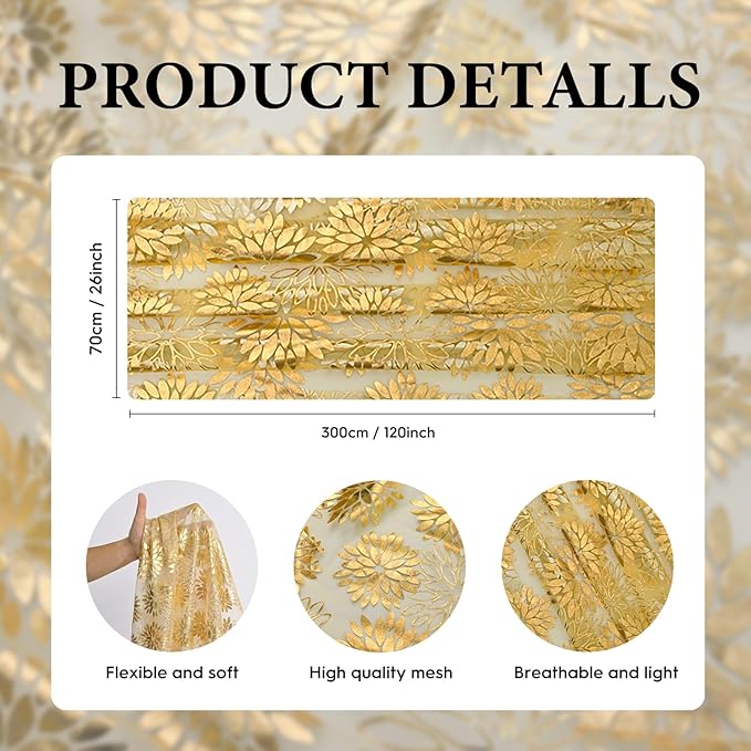 Artoid Mode Yellow Gold Dahlia Flower Gauze Table Runner 120 Inch 10FT, Glitter Metallic Foil Sheer Cheesecloth Dining Holiday Table Decor for Home Party