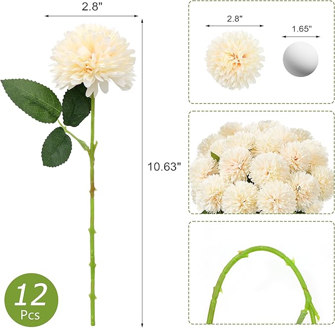 SITUMEIZI 12 Pcs Champagne Artificial Chrysanthemums Flowers Ball Flower Fake Mums Silk for Wedding Home Kitchen Decoration Floral Arrangement