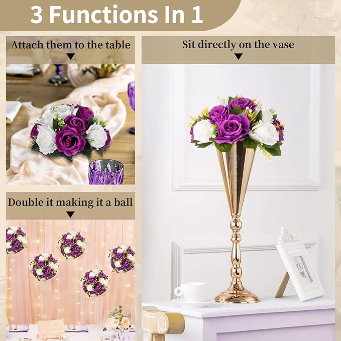 NUPTIO Flower Centerpieces for Wedding Tables: Purple & White Artificial Flower Ball Arrangement for Christmas Thanksgiving Party - 2 Pcs Fake Floral Rose for Bridal Shower Decor
