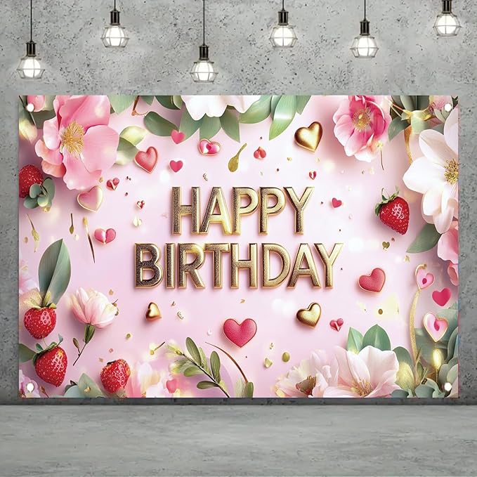 Pink Happy Birthday Backdrop Banner Gold Floral Heart Strawberry Design Photography Background Girls Birthday Party Decorations Photo Booth Supplies 71x43 Inch