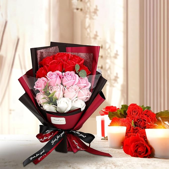 Roses Bouquet Artificial Flower - Preserved Red Rose Flowers with Love Necklace for Her Unique Gift for Birthday, Valentine's Day, Mother's Day, Thanksgiving, Christmas, Anniversary (Pink and Red)