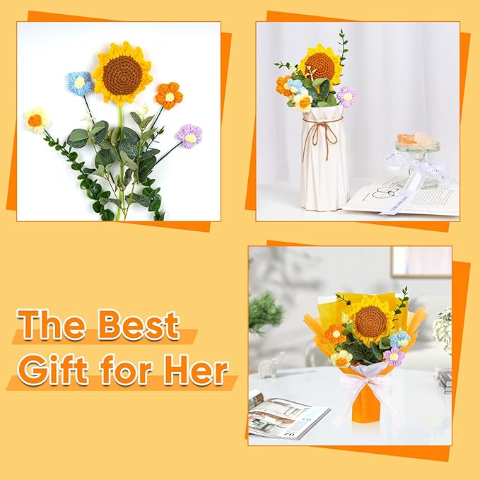 Crochet Flowers Bouquet, Handmade Crochet Sunflower No Maintenance Flower Bouquet for Teacher's Day Mother's Day, Birthday, Wedding, Home Decor(Medium-Orange Sunflower)