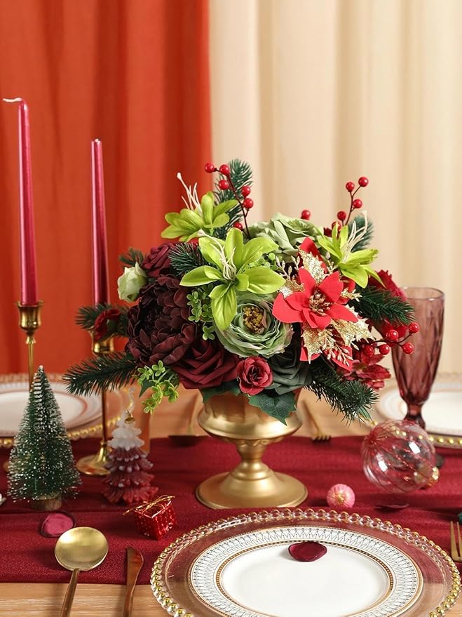 Christmas Artificial Flowers Box Silk Fake Roses with Stems for DIY Christmas Tree Wreath Decor,Floral Arrangement Cake Table Centerpieces Wedding Bouquet Baby Shower Birthday Home Decor