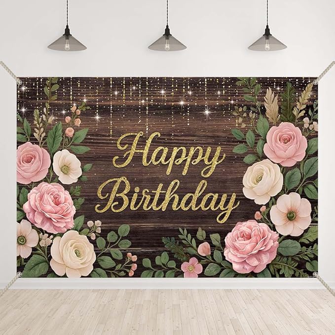 Wooden Floral Birthday Backdrop Pink and Gold Rustic Wood Birthday Party Background Girls Women Cake Table Favors Flowers Bday Cake Smash Photo Booth Banner with Copper Grommet
