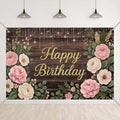 Wooden Floral Birthday Backdrop Pink and Gold Rustic Wood Birthday Party Background Girls Women Cake Table Favors Flowers Bday Cake Smash Photo Booth Banner with Copper Grommet