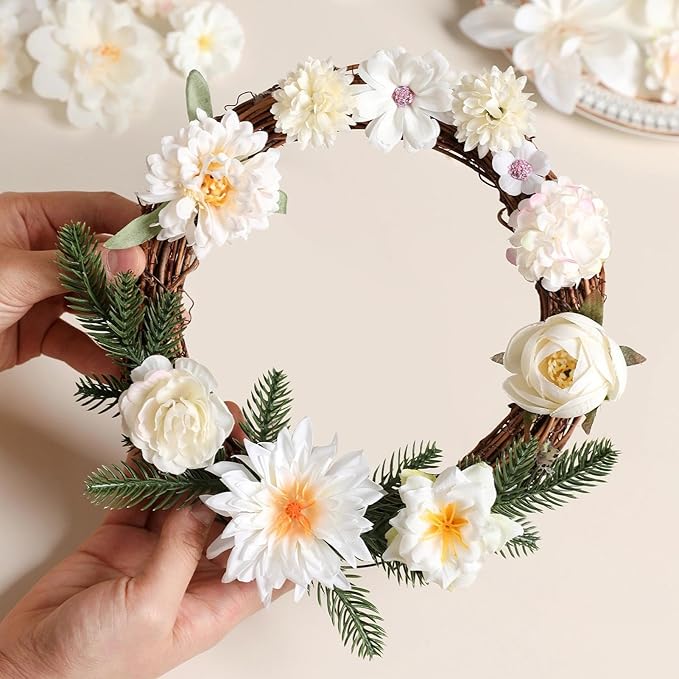 Artificial Flowers Heads Combo White Flowers Mix Silk Flowers Heads Bulk Faux Rose for Craft Garland Graduation Cap Wedding Bridal Baby Shower Home Party Decoration DIY Cake Decor
